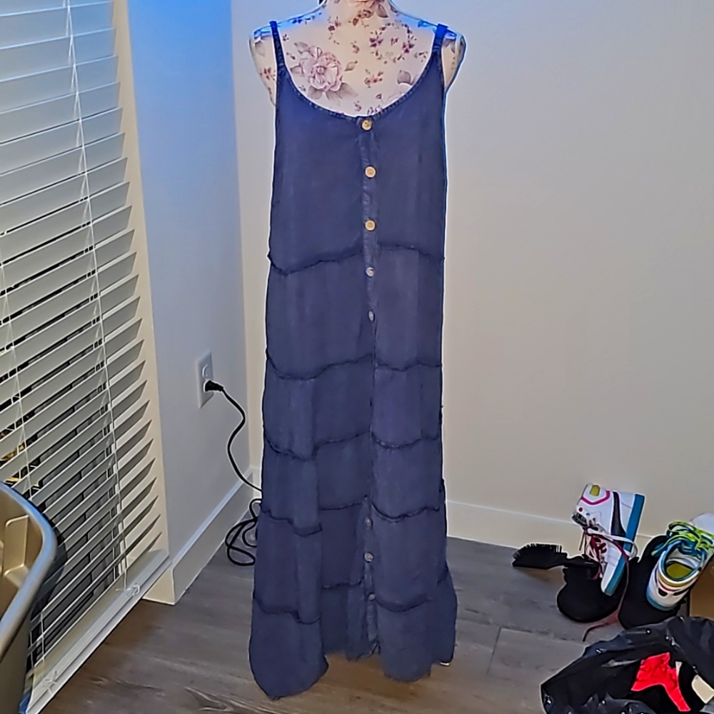 Mlle Gabrielle hand dyed distressed sun maxi tiered blue dress Size 2X